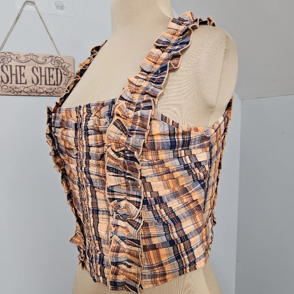 Anthropologie Verb Plaid Ruffle‎ Crop Top Orange Blue Y2K Cottagecore Prairie